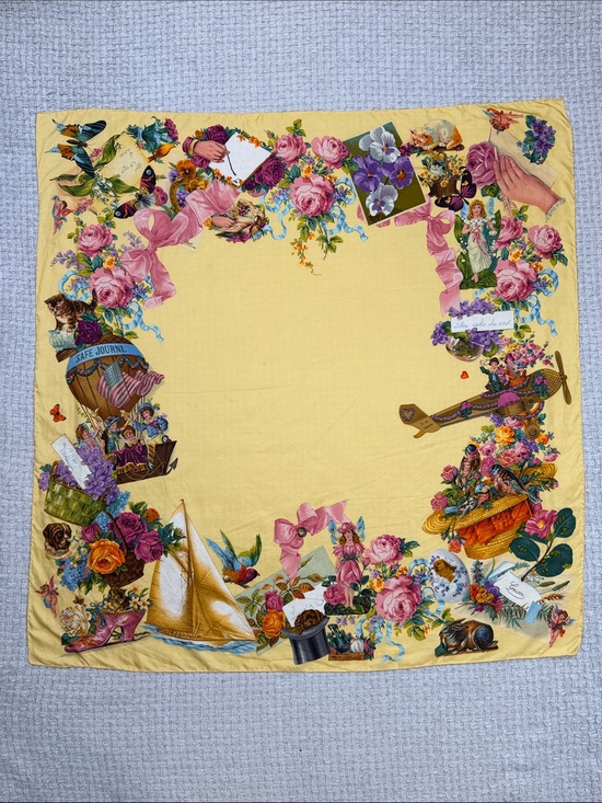 Gucci Accessories - Rare Authentic Gucci Silk Floral Scarf  Whimsical Yellow Animals Hearts Ribbon